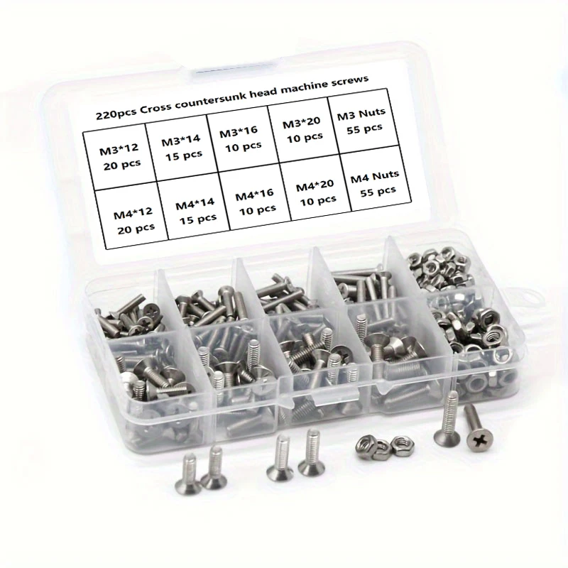 220/335pcs Stainless Steel Screw Kit (M3&M4): Phillips Countersink with Nuts, For Home/Workshop/DIY, Ideal Gift for Enthusiasts image 6