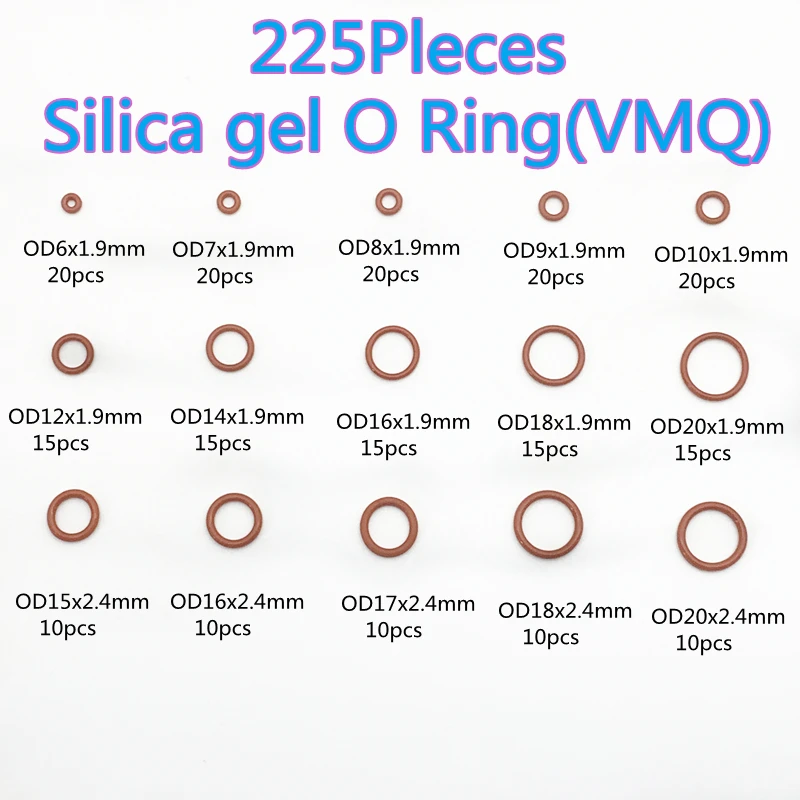 225pcs CS 1.9/2.4mm OD 6-20mm Red VMQ O-ring Silicone Sealing Washer O-ring Plumbing Gaskets Oil Resistant High Temperature