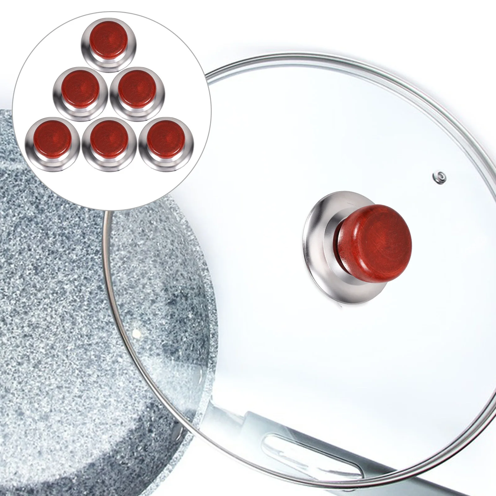 

6pcs Pot Lid Knob Stainless Steel Wood Replacement Handle Anti-Scald Universal Cookware Lid Knob For Kitchen Use