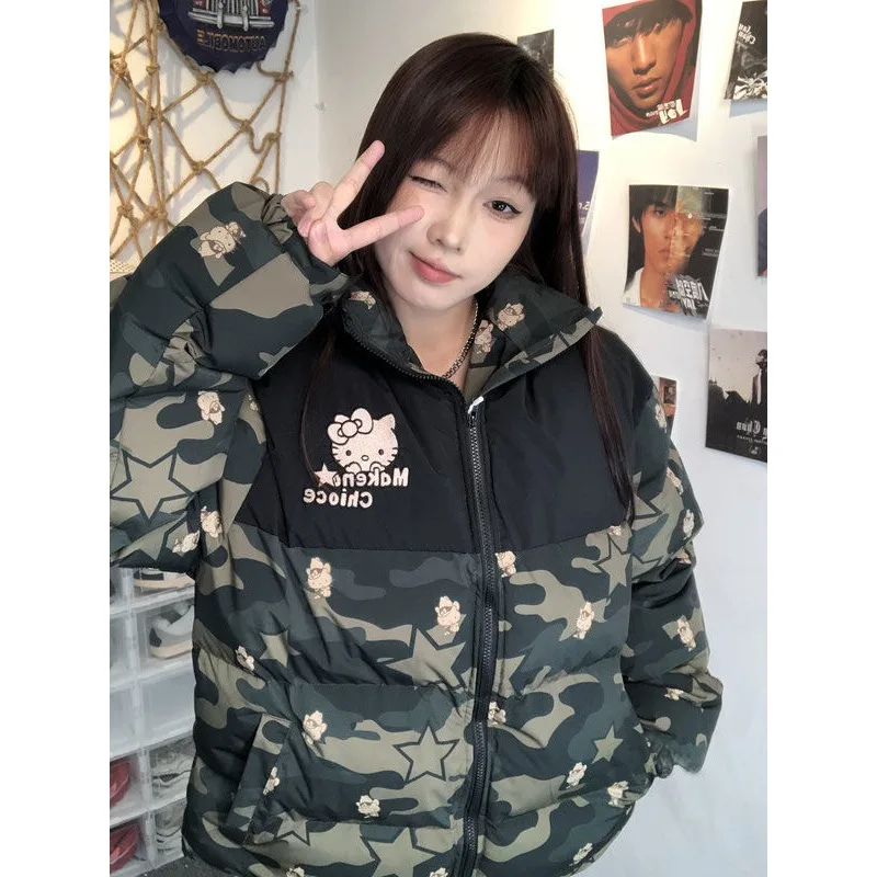 Sanrio Hello Kitty Clothes New Star Amercian Style Loose Autumn Winter Cotton Padded Jackets Women Camouflage Trendy Coat Couple