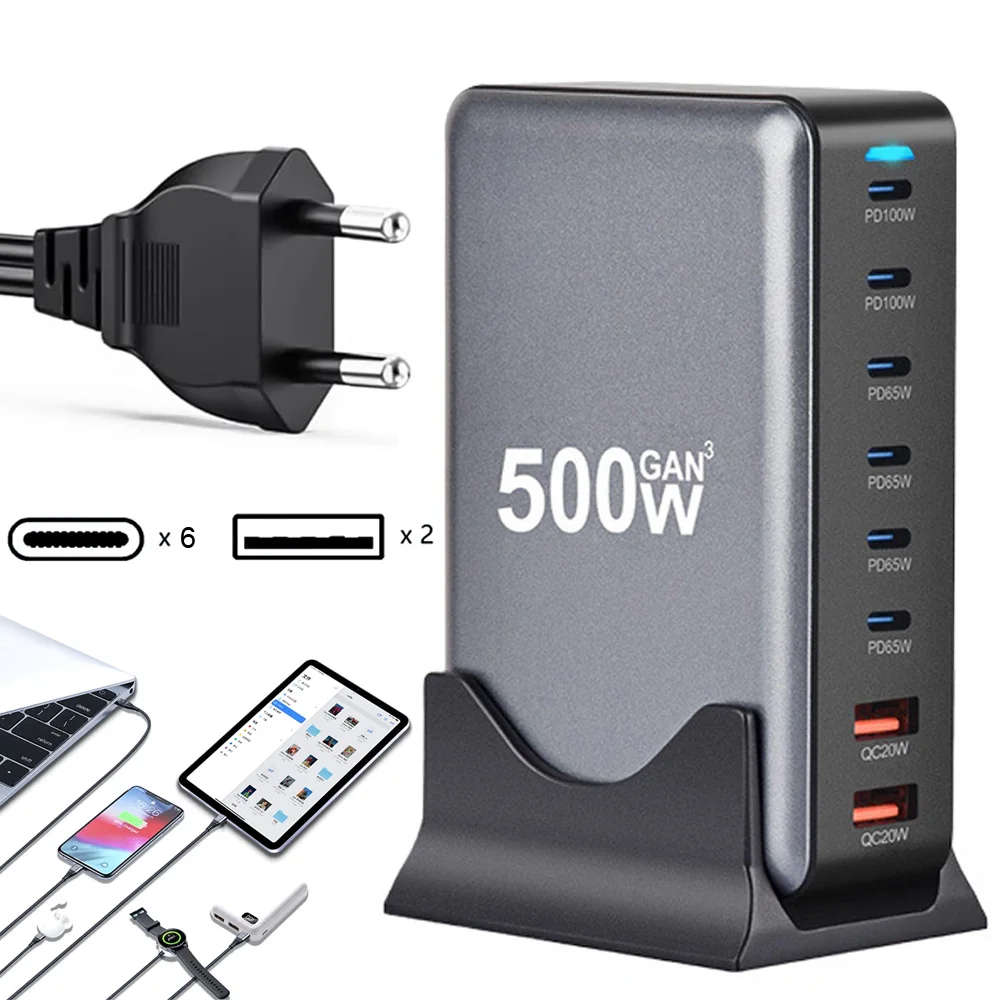 500W GaN Multi-Port-Schnellladegerät, Galliumnitrid-Netzteil mit 1,5 m Kabel, tragbare Ladestation für mehrere Geräte für Laptop, Telefon, Tablet, digitale Geräte, Reise- und Heim-Ladezubehör