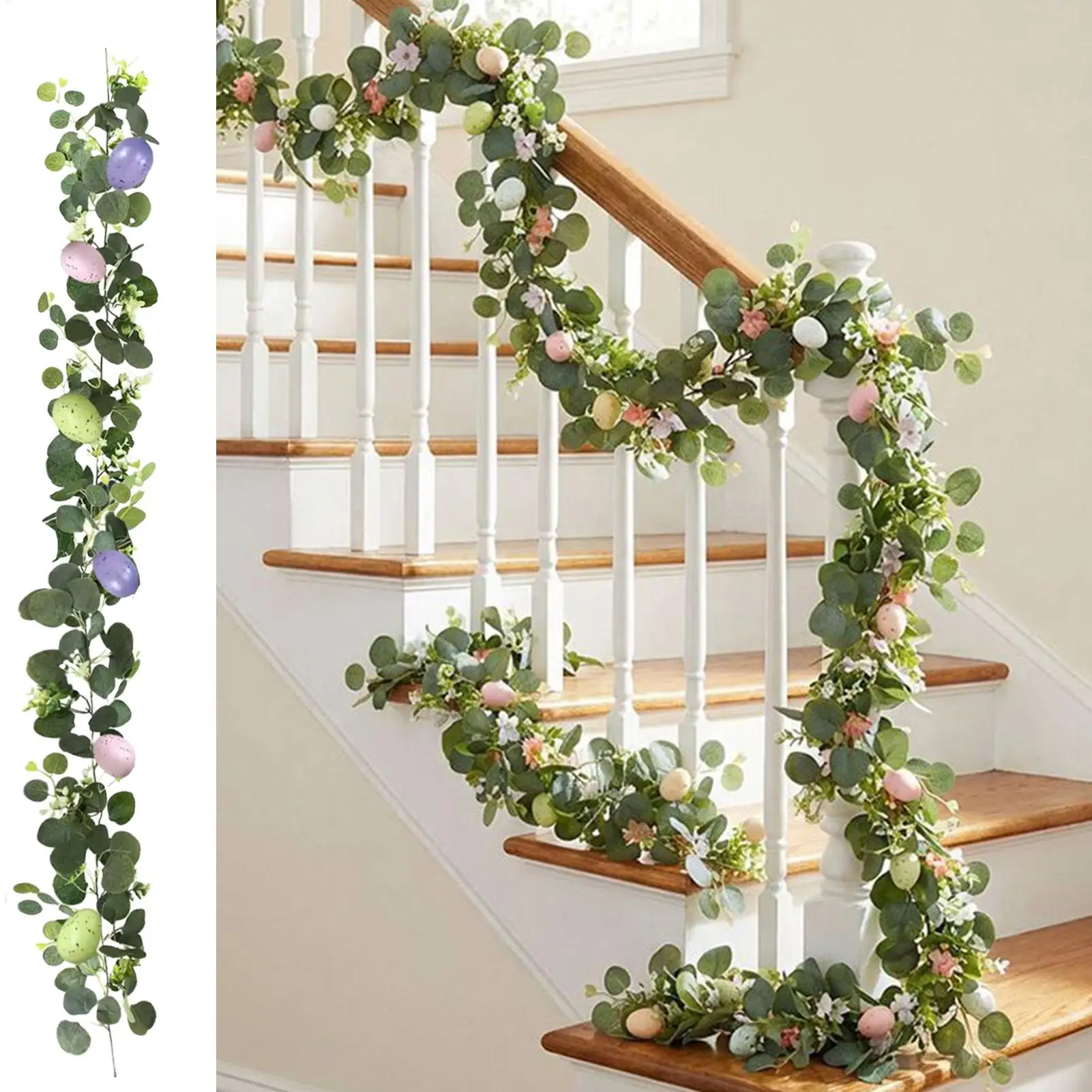 

Пасхальная гирлянда из искусственного эвкалипта с белыми цветами для декора дома, праздничного оформления, настенного декора, украшения двора и вечеринок