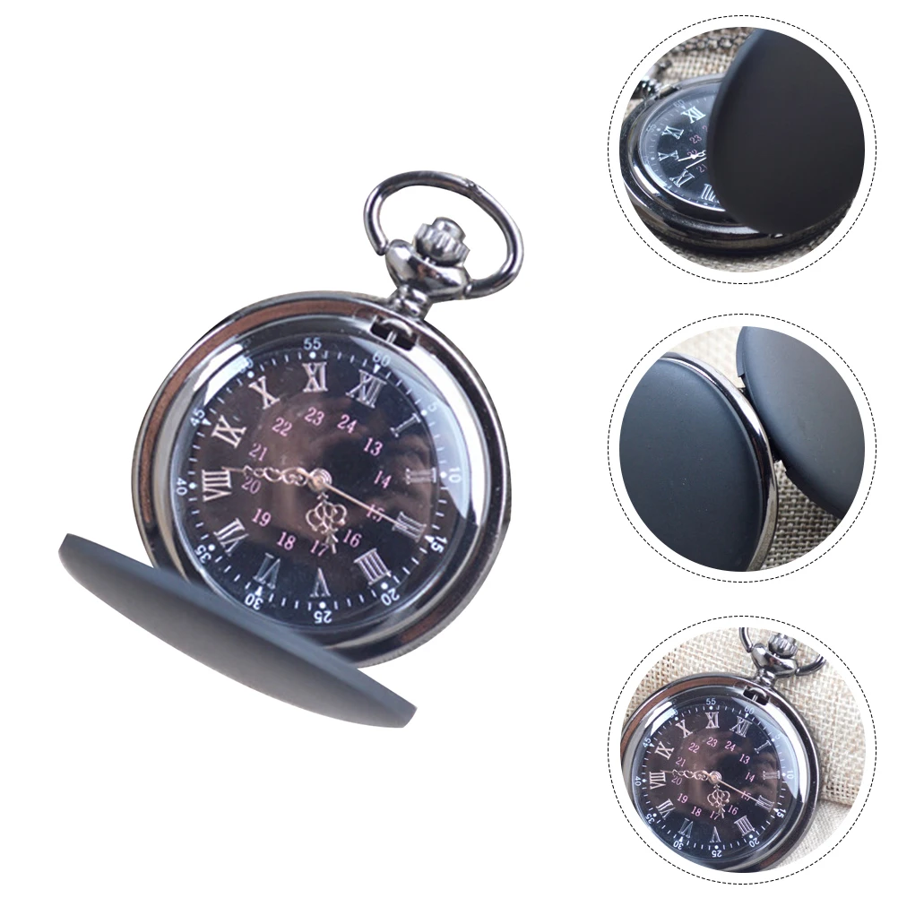 Quartz Pocket Watch Black Frosted Compact Lightweight Portable Retro Vintage Watch Chain Included for Men Women