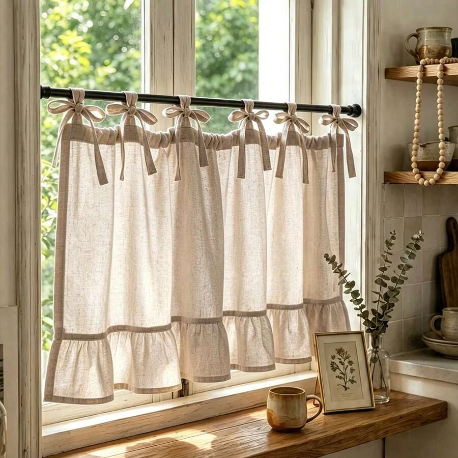 1PC New Beige Linen Gauze Designer Style Oven Curtain Window Valance Pull-Up Curtain Small Window Curtain Kitchen Multi-Purpose