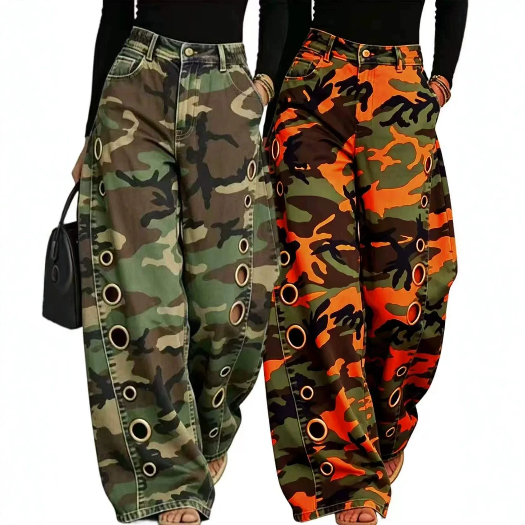 D8782 2026 Spring/summer. New Collection: Women's Metallic Microphthalmos Pants, Solid Color. Loose Fit, Stretchy, Camouflage De