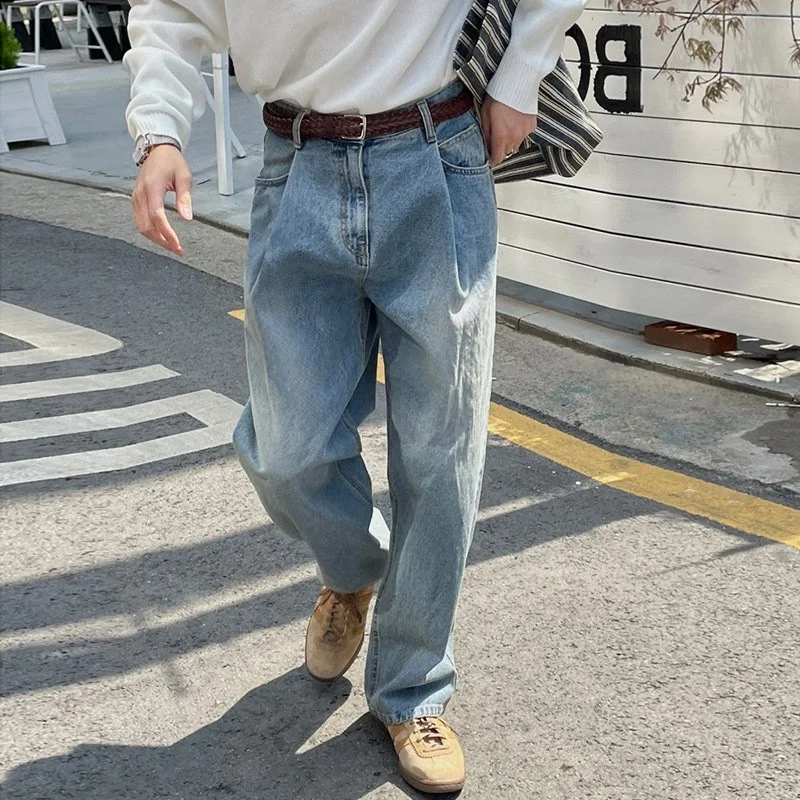 

American Style New Fashion Men's Light Blue Casual Trendy Loose Pleated Wide Leg Denim Trousers Male Vintage Jeans Pants Clothes