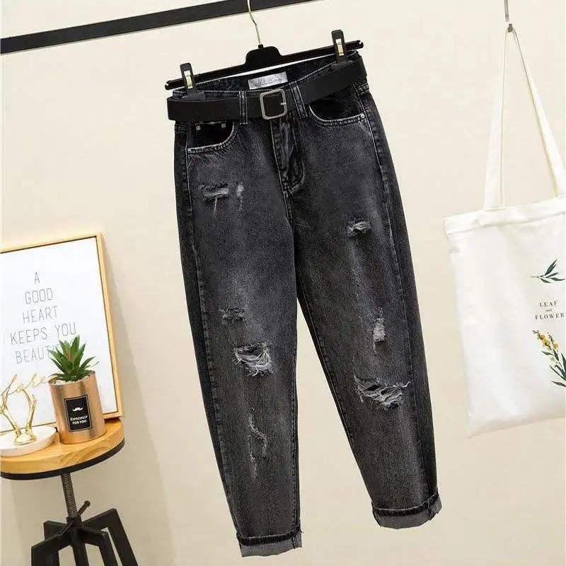 

Korean Sle plus Size Distred Nine-Tenths Jeans Women's Student Loose Slim Straight Leg Harlan Old Dad Trendy Trousers