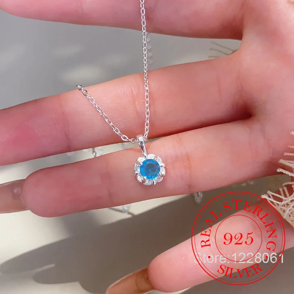 925 فضة الأزرق الزركون كريستال زهرة قلادة قلادة للنساء المختنق سلسلة الزفاف حفلة خطوبة مجوهرات هدية #1