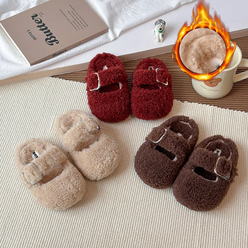 

Children Shoes 2025 Winter Kids Warm Plush Shoes For Girl Flat Loafers Moccasins Casual Shoes Coffee color Rice apricot color