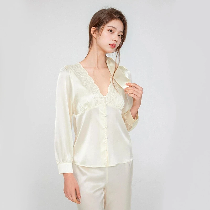 

100% Pure Mulberry Silk Pajama Set Lace V Neck Button Front Long Sleeve Trousers Luxury Satin Sleep Loungewear Suit Gift For Her