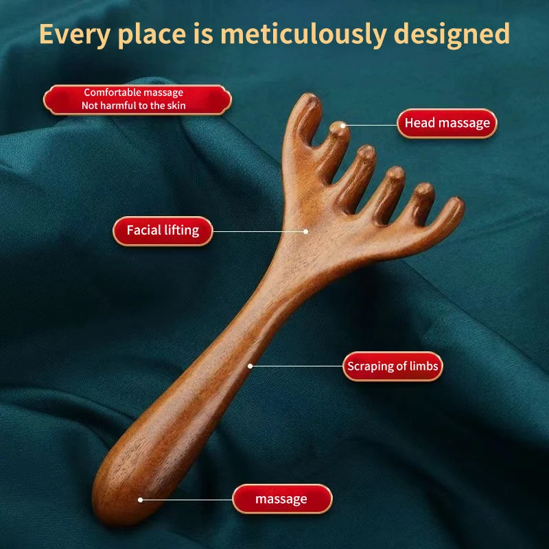 Natural Wooden Wide Tooth Long Handle Comb Meridian Massage Anti-static Head Six Claw Massager Promote Blood Circulation