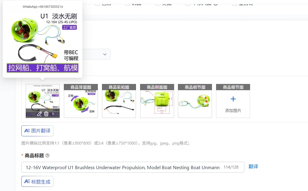 Waterproof U1 Brushless Underwater Propulsion Motor 12-16V for Model Boat Nesting Unmanned Boat Propulsion