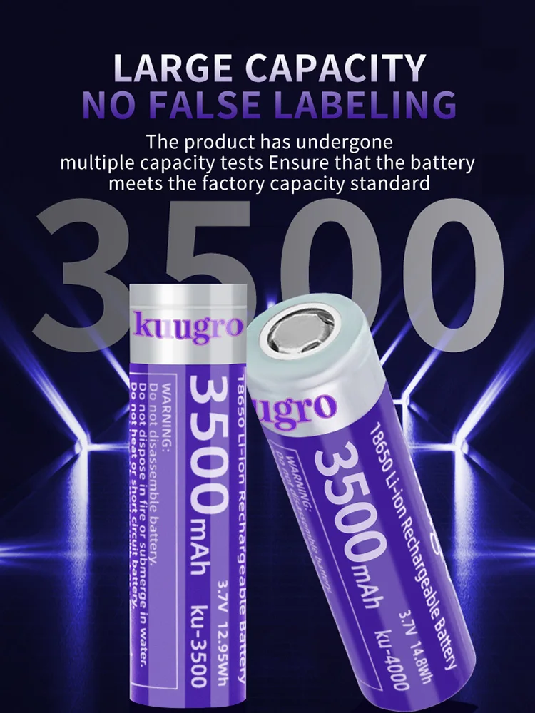 Kuugro  18650 3500mAh 3.7V 12A Discharging Rechargeable Batteries For Battery Packs Power Tool Flashlight Fan