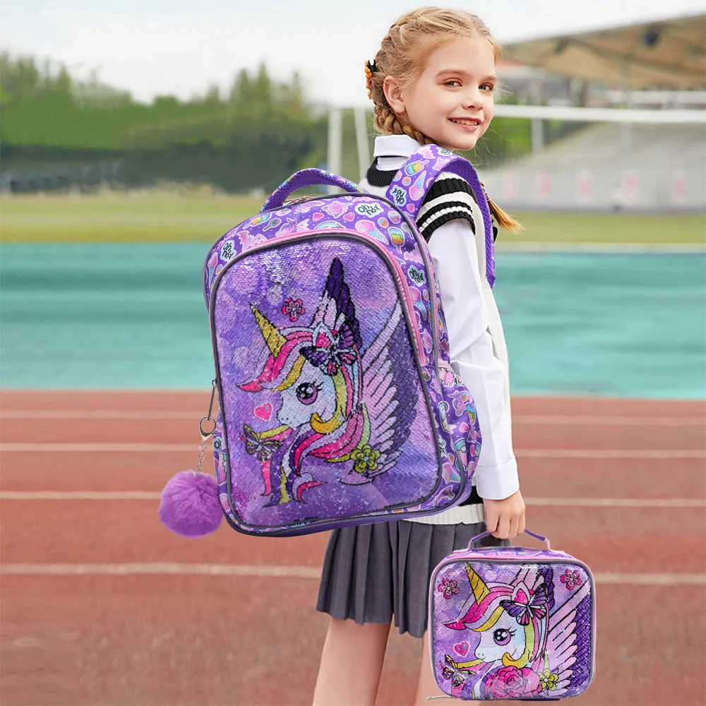 3点セット 女の子用リュックサック キッズスクールバッグ ランチバッグとペンケース付き パープルユニコーン キュートなスパンコール 暗闇で光る機能付き