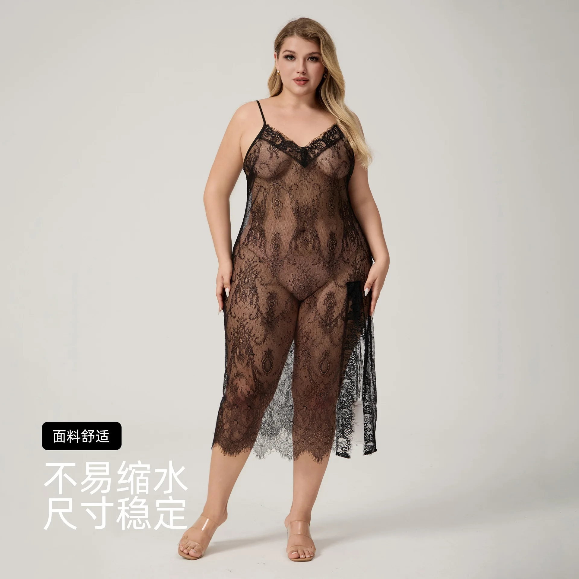 

Female Suspender Nightgown Chemise Sleepwear Sexy Perspective Lace Nightdress Lingerie Underwear Patchwork Satin Homewear Nighty