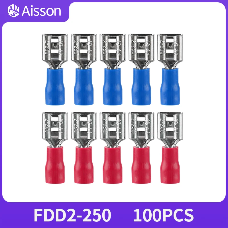 100pcs FDD2-250 FDD Insulated Electrical Crimp Female Terminal For 1.5-2.5mm2 Cable Connectors Cable Connector