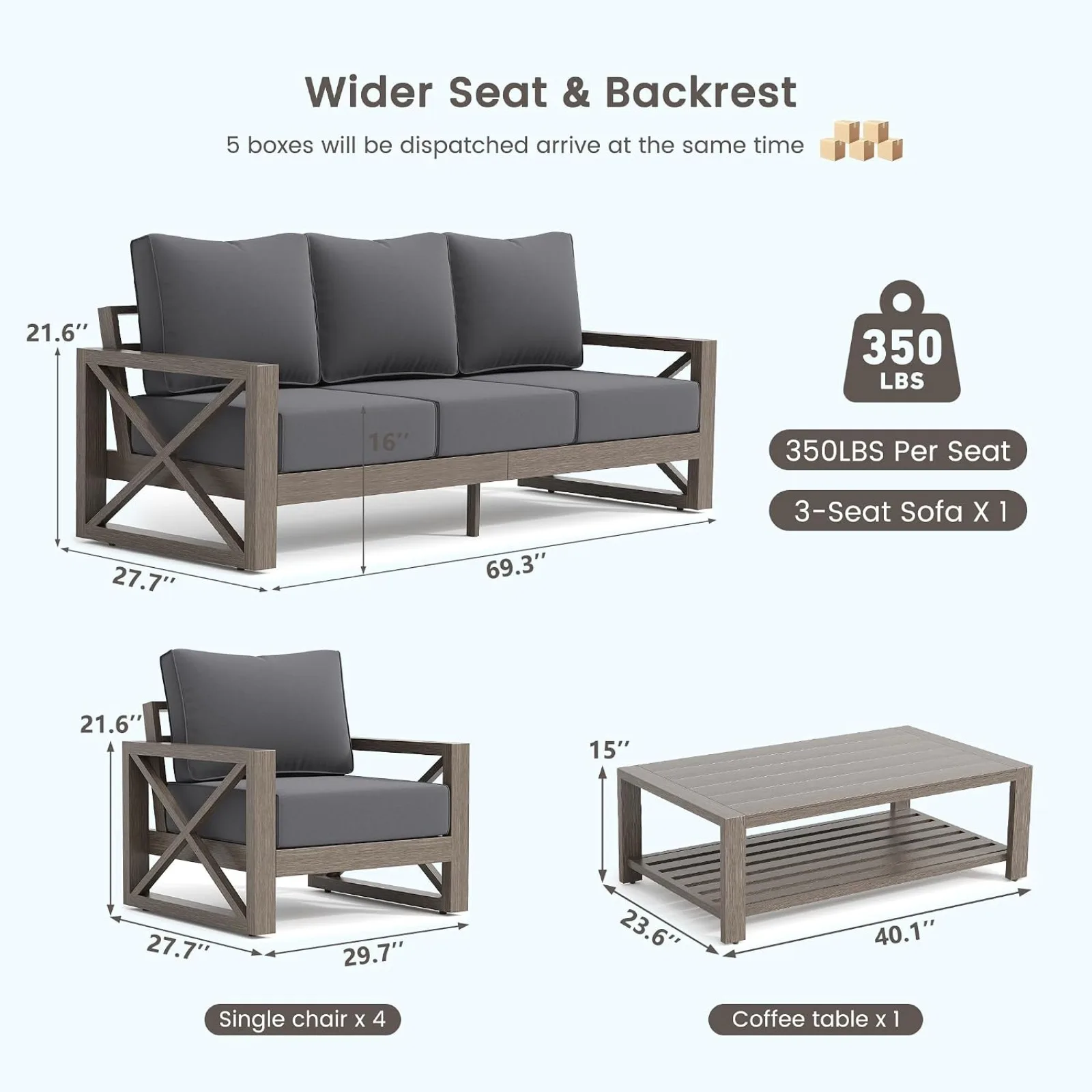 Aluminum Patio Furniture Set, Faux Wood Grain Modern Outdoor Furniture, 6