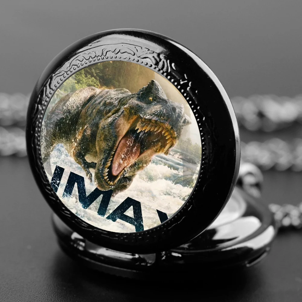 Dinosaur Glass Dome Quartz Pocket Watch With Durable Chain Arabic Numeral Dial Halloween Gifts for Men Women Kids