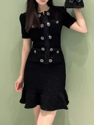 Premium sense of double rows of diamond buttons black knitted dress temperament elegant ruffles Slim Women's Dresses 2024 New