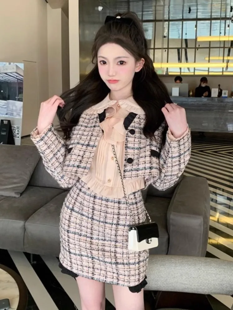 Autumn Winter Korean Two Piece Skirt Set Women Elegant Plaid Short Tweed Jacket+Bodycon Mini Skirt Suit Female Sweet Outfits