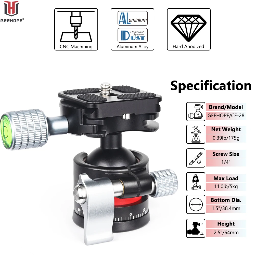 Low Profile Tripod Head Geehope CE-28 360° Panoramic Metal Ballhead for DSLR Camera with Arca Swiss Plate 1/4" Screw Load 5kg