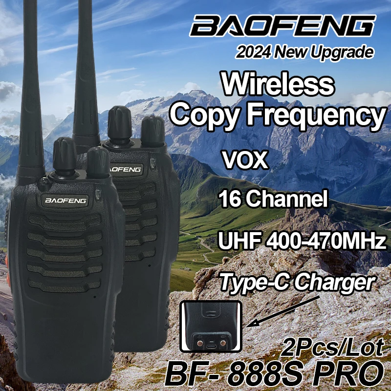 2PCS Baofeng BF-888S Pro Walkie Talkie Wireless Copy Frequency Long Range Type-C Two Way Ham Radios For Hunting 2024 New Upgrade