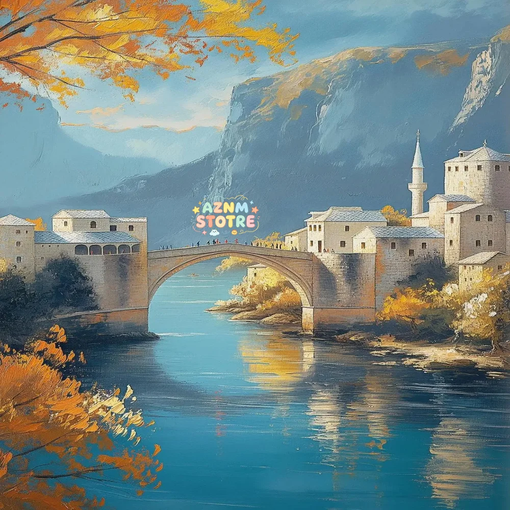 Classic Snow Mountain Waterfall Castle Village Scenery Illustration Poster Canvas Paintings Wall Art Pictures Home Decor