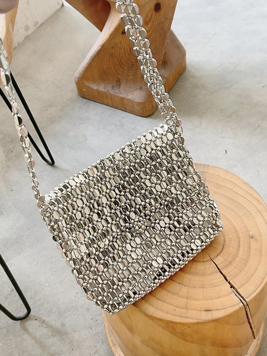 Metal Woven Shiny Square Bag Top Handle Portable Handbag Hollow Out Fashion Clutch Bag