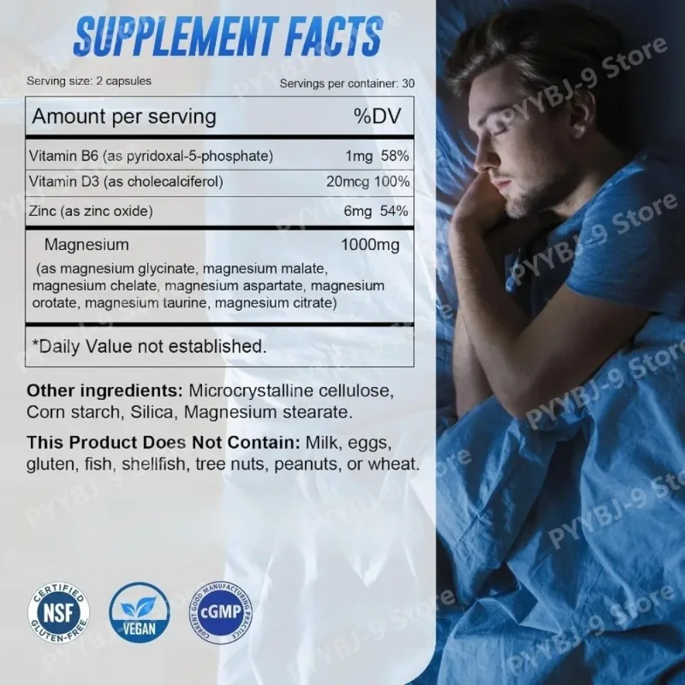 Magnesium 7-Complex Capsules 1000mg with B6 D3 Zinc, High Absorption Vegan Formula for Muscle Nerve Bone Heart Support, 60 Count