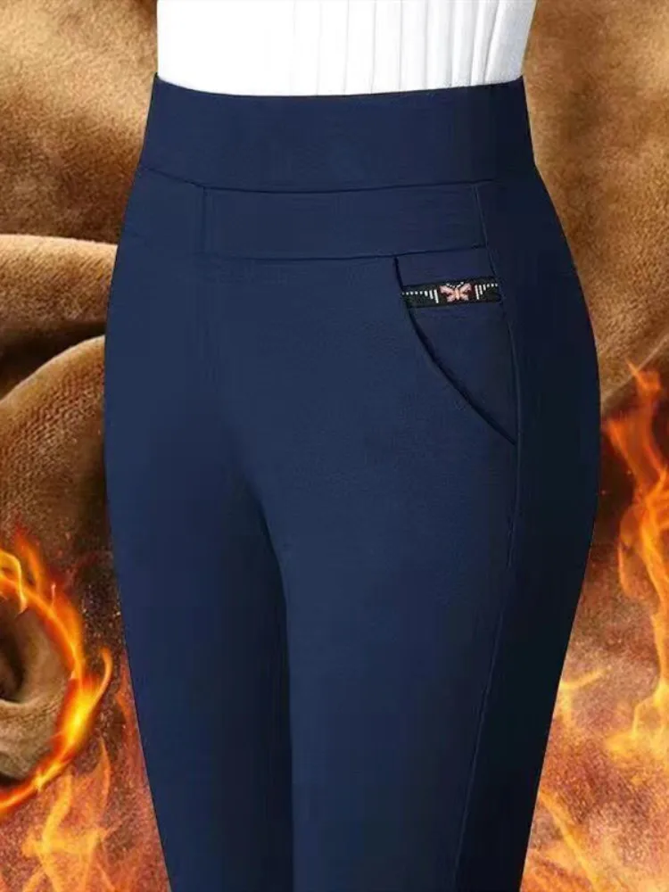 Thickened Fleece High Waist Straight Leg Casual Pants for Older Women Autumn Winter Warm Fashionable Mom Pants Commute Style