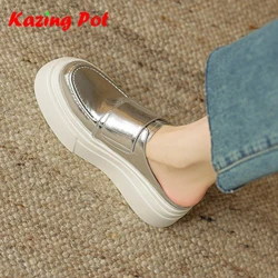 Krazing Pot Mules Full Grain Leather Summer Slip On Round Toe Flat Platform Silver Color Women Fashion Leisure Outside Slippers