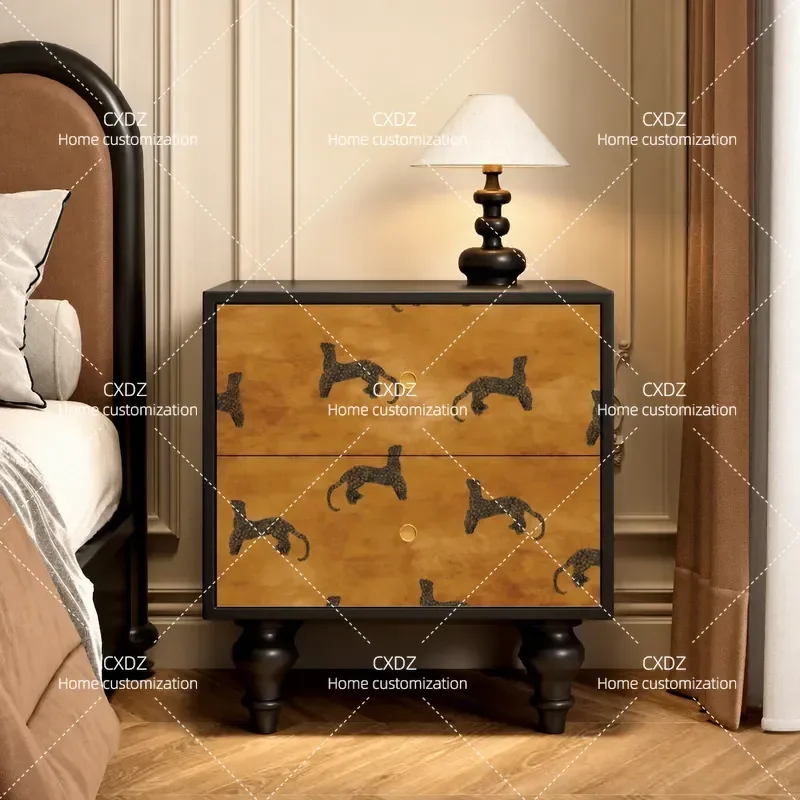 Solid Wood Bedside Table Retro Chest of Drawers Bedroom Living Room Side Cabinet Abstract Art Storage Locker