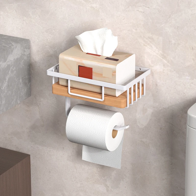 Wooden Toilet Paper Holder Bathroom Wall Mount WC Paper Phone Holder Shelf Storage Paper towel holder Accessories