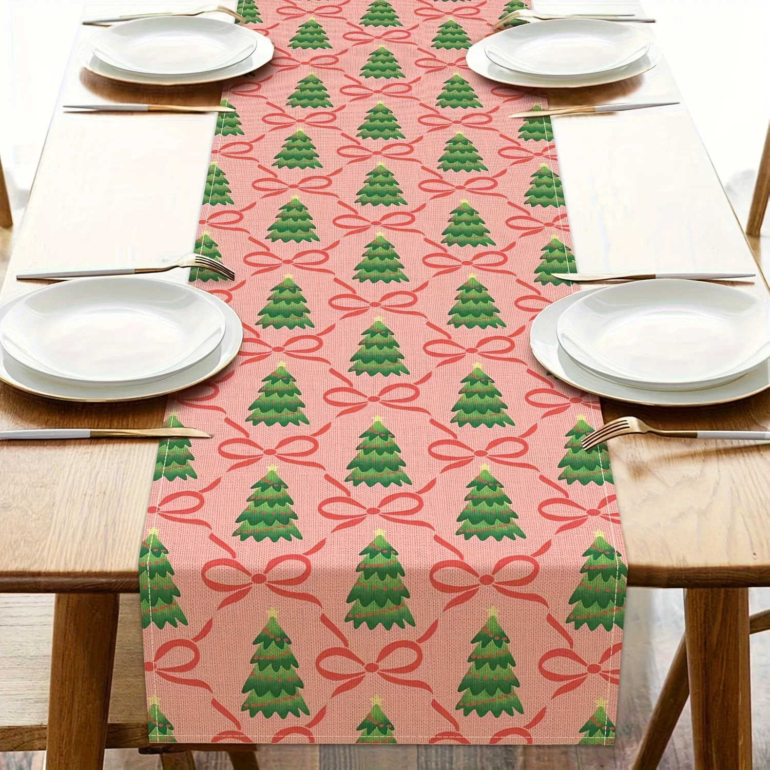 1pc Pink Christmas Table Runner with Green Pine Trees Red Bows Holiday Decor for Kitchen Dining Table Winter decorations