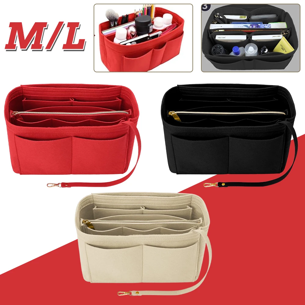 Großer/mittlerer Filz-Handtaschen-Organizer-Einsatz mit 15 Aufbewahrungsfächern, 30% Wollmischung, weiches Material, verstärkter Reißverschlussstopper, Kupferreißverschluss für reibungslose Bedienung,
