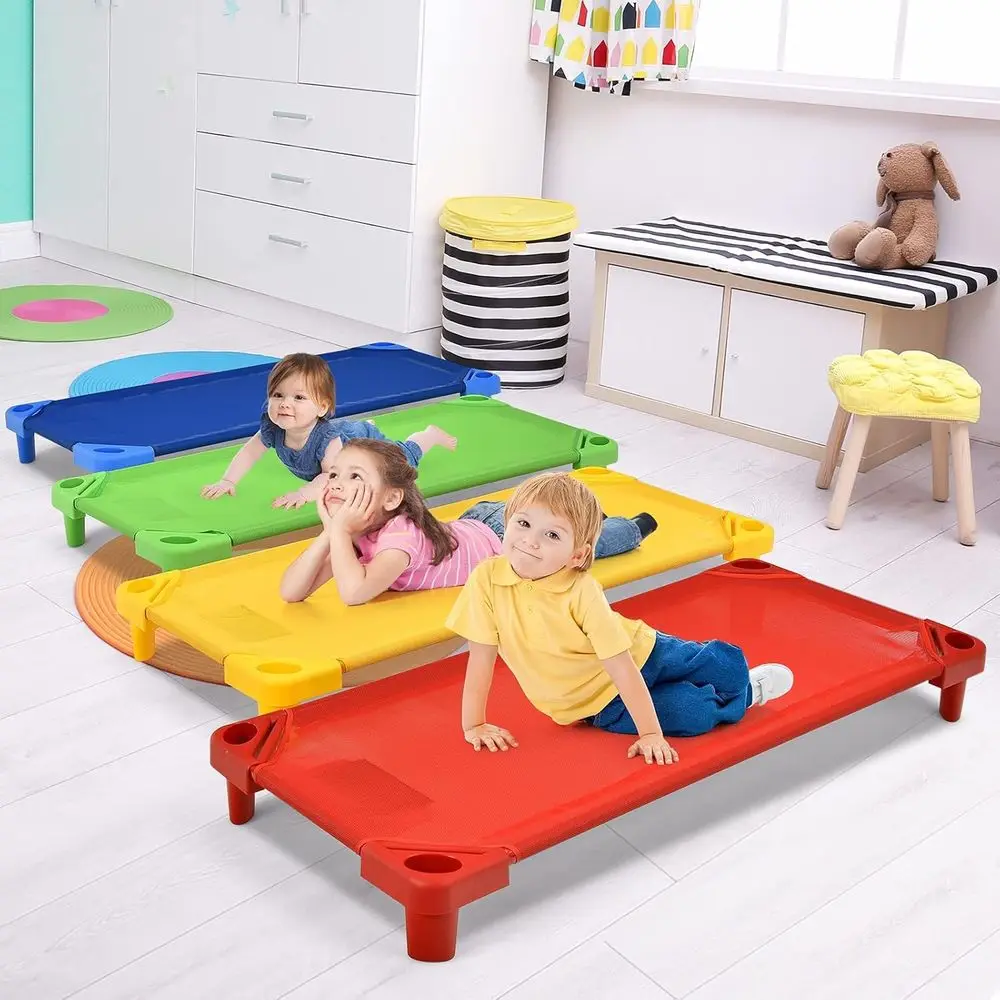 Stackable Kids Nap Cot, Space-Saving Sleep Bed with Liftable Corners, Easy Assembly, Ideal for Preschool and Daycare, 4-Pack Mul