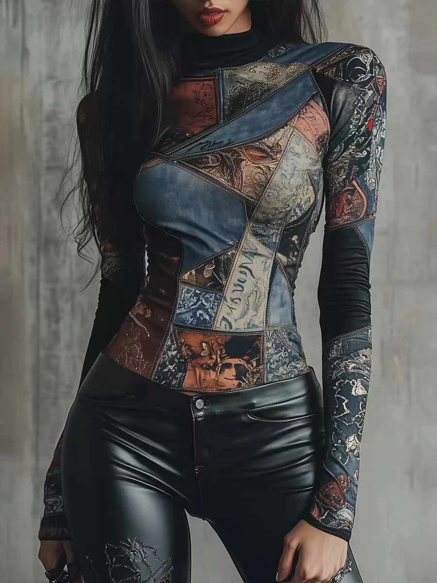 

Cool Spring Women Fashion High Neck Graphic Printed T-Shirt Slim Fit Long Sleeve Versatile Streetwear Pullover Basic Lady Tops