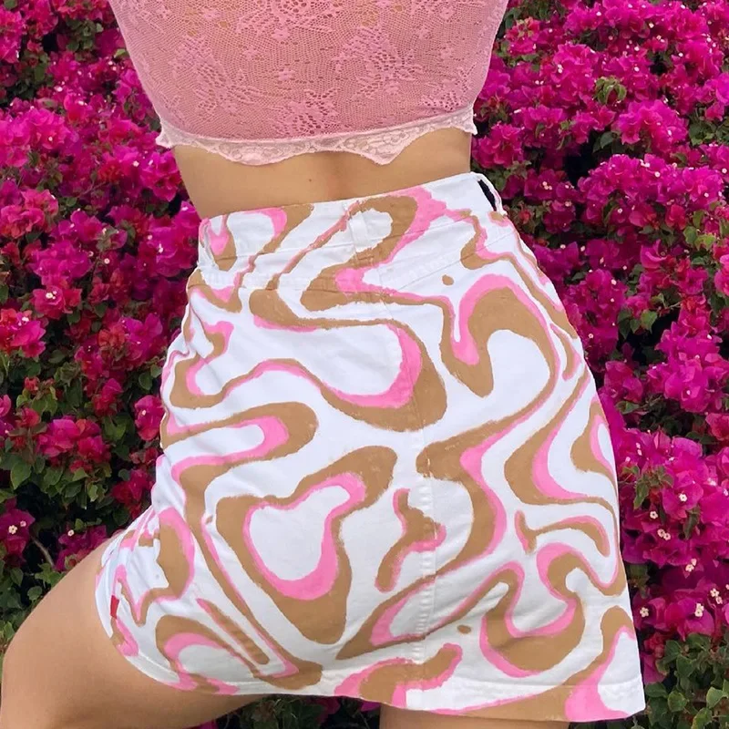90s Aesthetic High-waisted Corrugated Printed Denim Skirt Y2K Streetwear Single-breasted Mini Belt Pocket Summer Chic Skirt