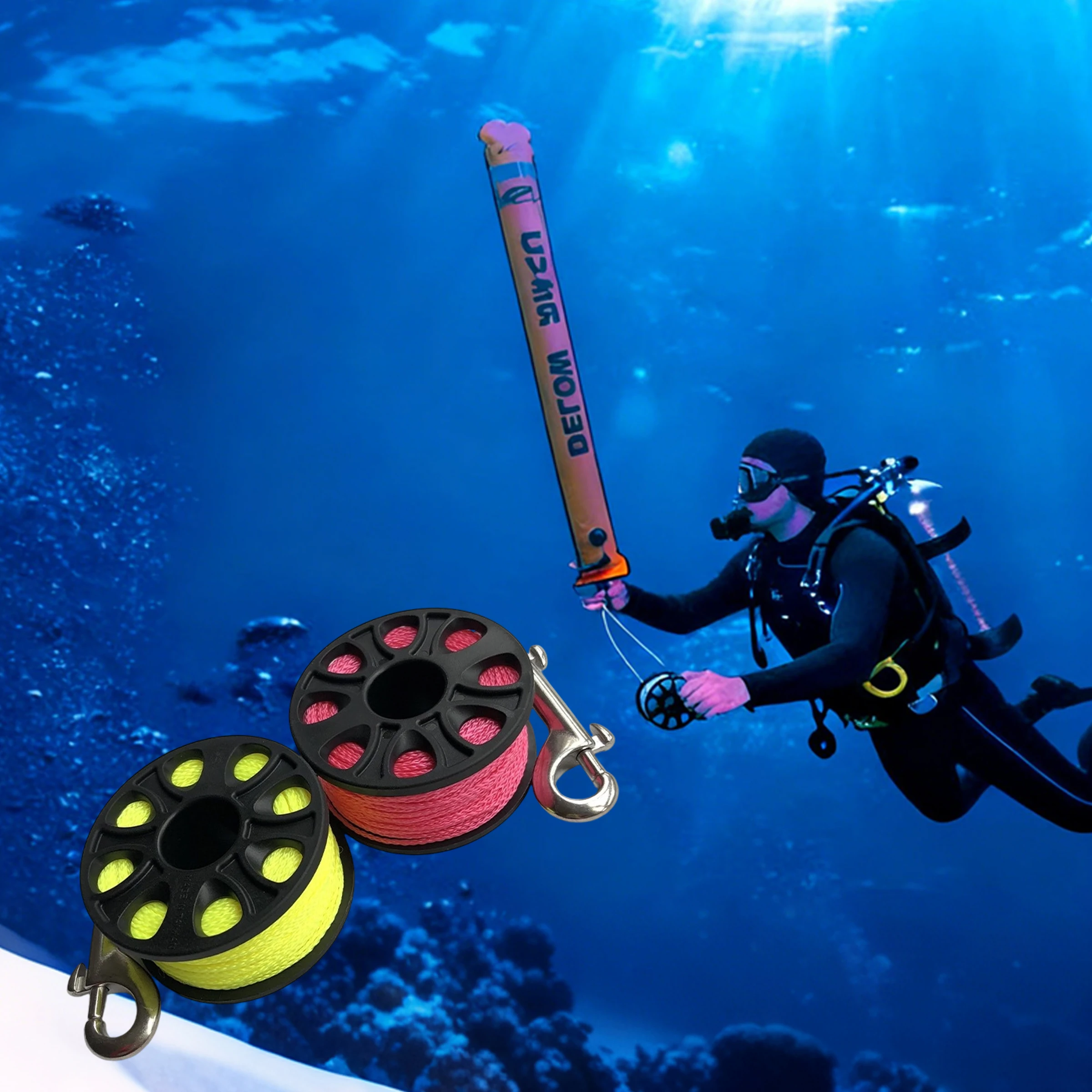 بكرة إصبع بكرة من سبائك الألومنيوم للغوص 30 مترًا - خطاف مزدوج الأطراف من الفولاذ المقاوم للصدأ معدات غوص الكهف SMB