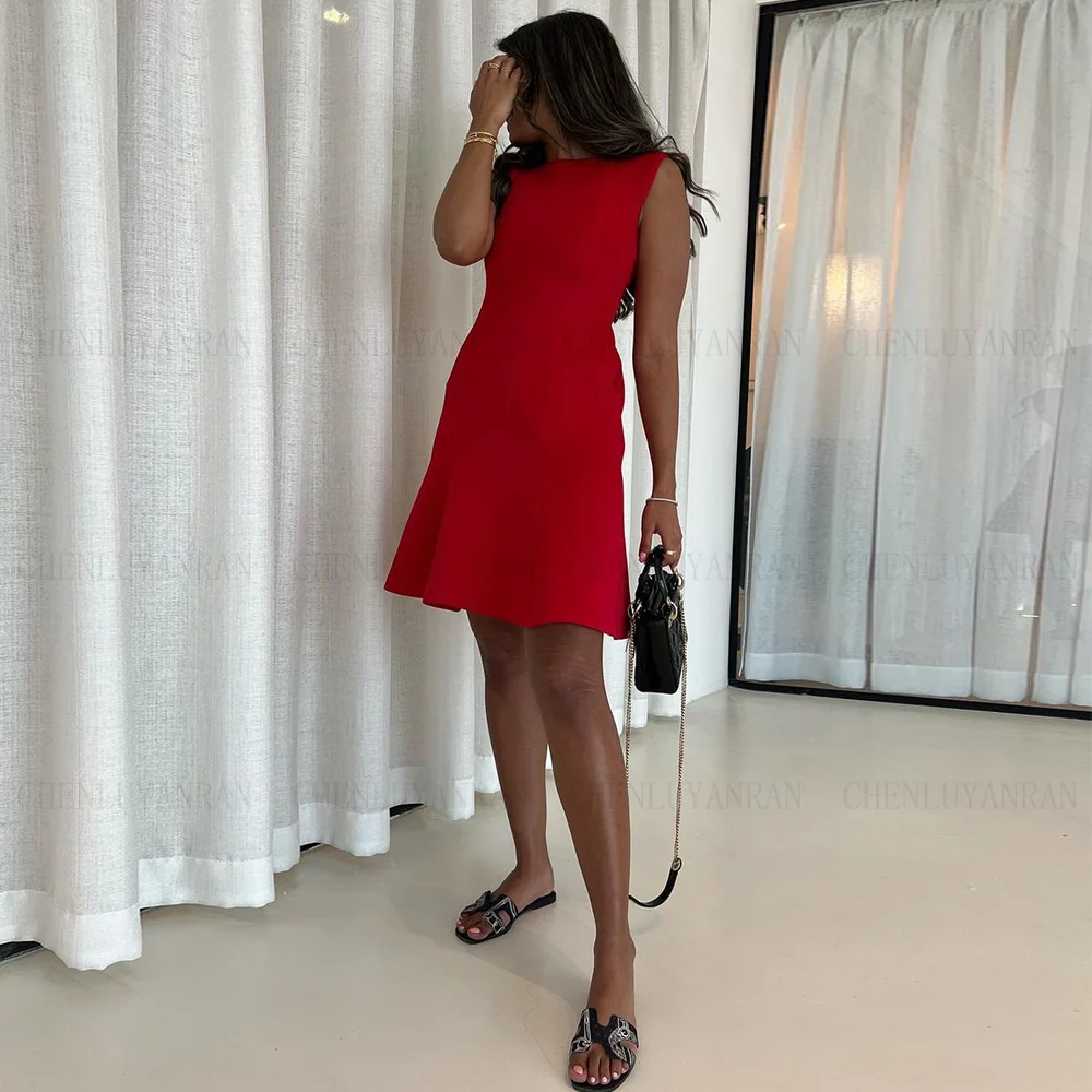 Red Satin Formal Occasion Dresses 2024 Customized O-neck Sheath Short Ball Gowns Fashion Sexy Evening Party Gown فساتين الحفلات