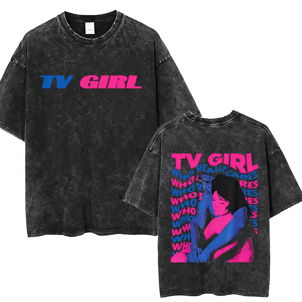 

TV Girl Who Really Cares Vintage Washed T Shirt Men Women Retro Cotton Oversized Tshirt Men's Fashion Casual T-Shirts Streetwear