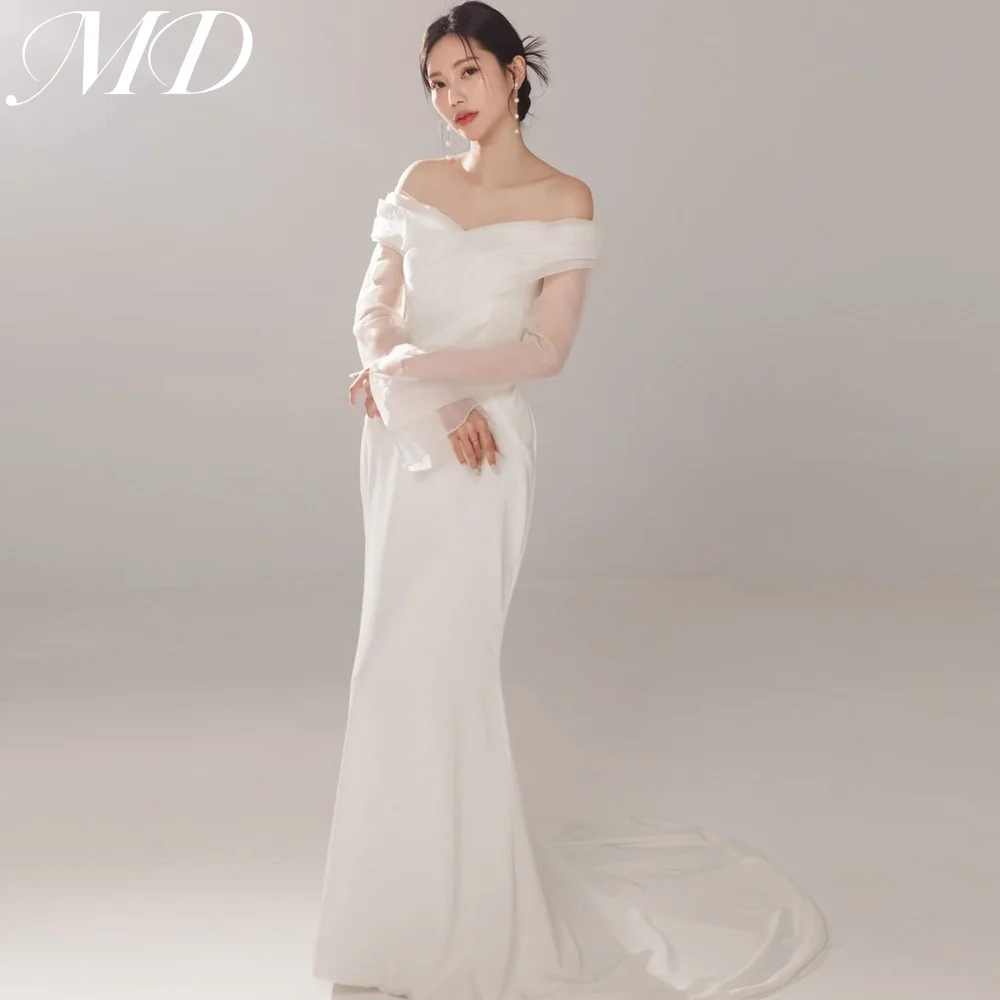 MD Exquisite Wedding Dress Off Shoulder 웨딩드레스 Satin Long Sleeve Korea Photoshoot Bridal Gown Customized vestidos de novia