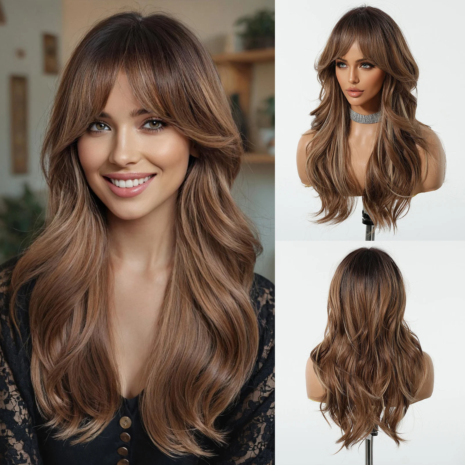 ALAN EATON Long Ombre Brown Mixed Blonde Synthetic Wig with Bangs Dark Roots Wavy Wig for Women Daily Party Heat Resistant Fiber
