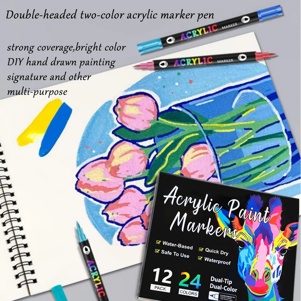 

Яркие двусторонние акриловые маркеры — 24-цветный набор быстросохнущих водонепроницаемых ручек для художественной живописи на нескольких поверхностях