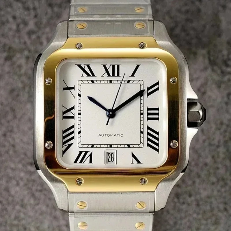 علبة ميكانيكية للرجال من الفولاذ المقاوم للصدأ مربعة 38 ملم، مينا أزرق، ساعة هدية أوتوماتيكية للتاريخ، مقاومة للماء