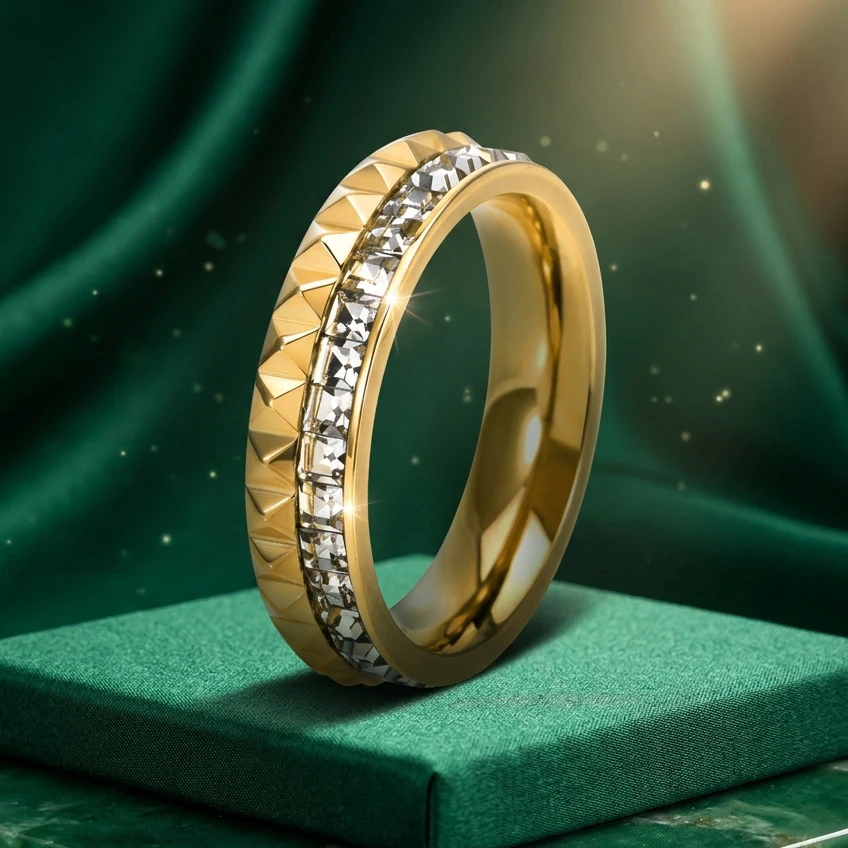 Damen Luxus Zahnradring Edelstahl 18K Vergoldeter Ewigkeitsring mit Zirkonia Modeschmuck Accessoires – Detail 7