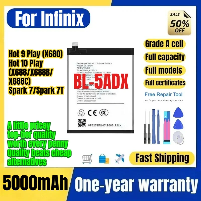 BL-5ADX for Infinix Tecno Hot 9 Play (X680)/Hot 10 Play (X688/X688B/X688C)/Spark 7/Spark 7T Phone Battery Replacement Bateria
