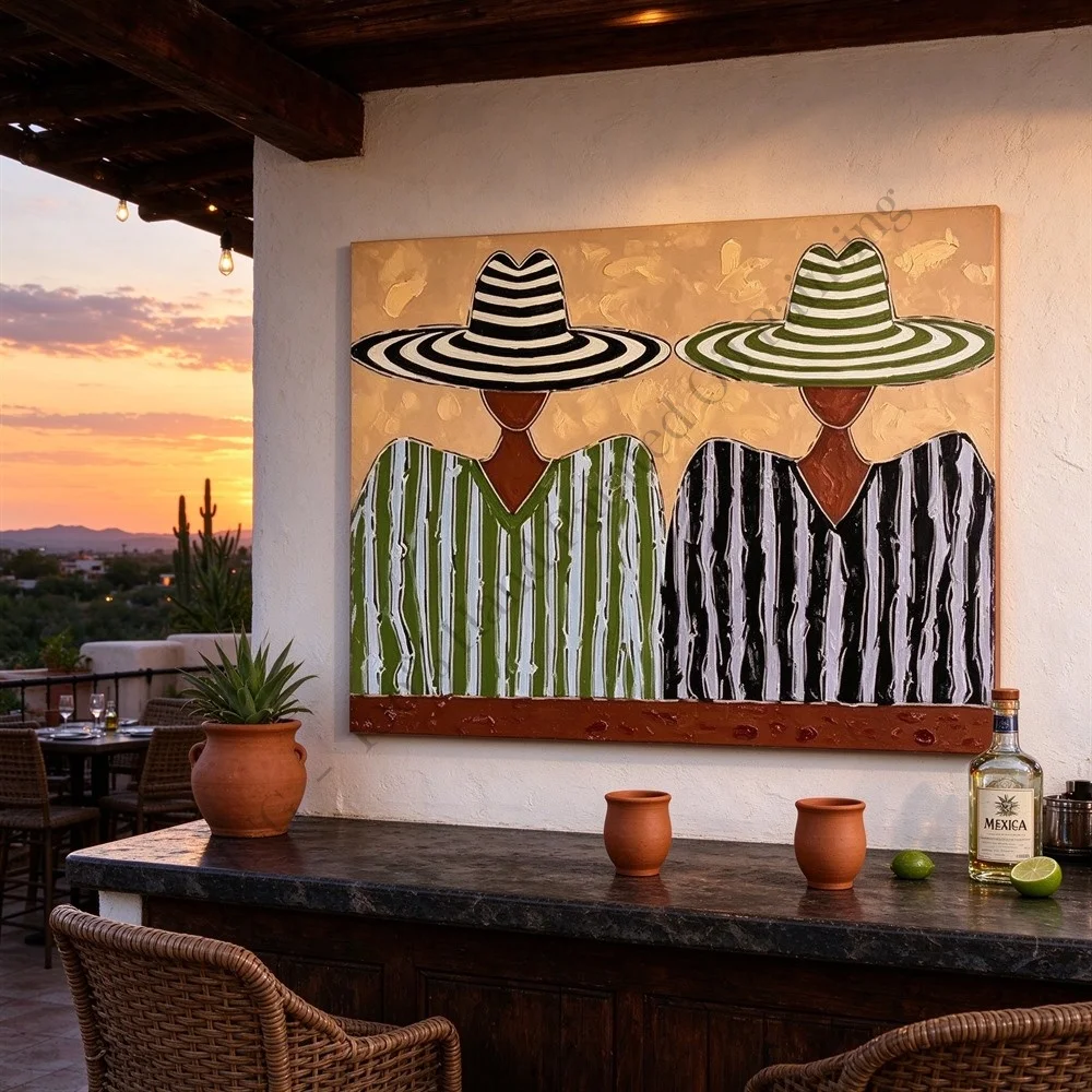 Hand Painted Oil Canvas Wall Art Cowboy Hat Striped Figure Gold Luxury Modern Textured Home Decor Living Room