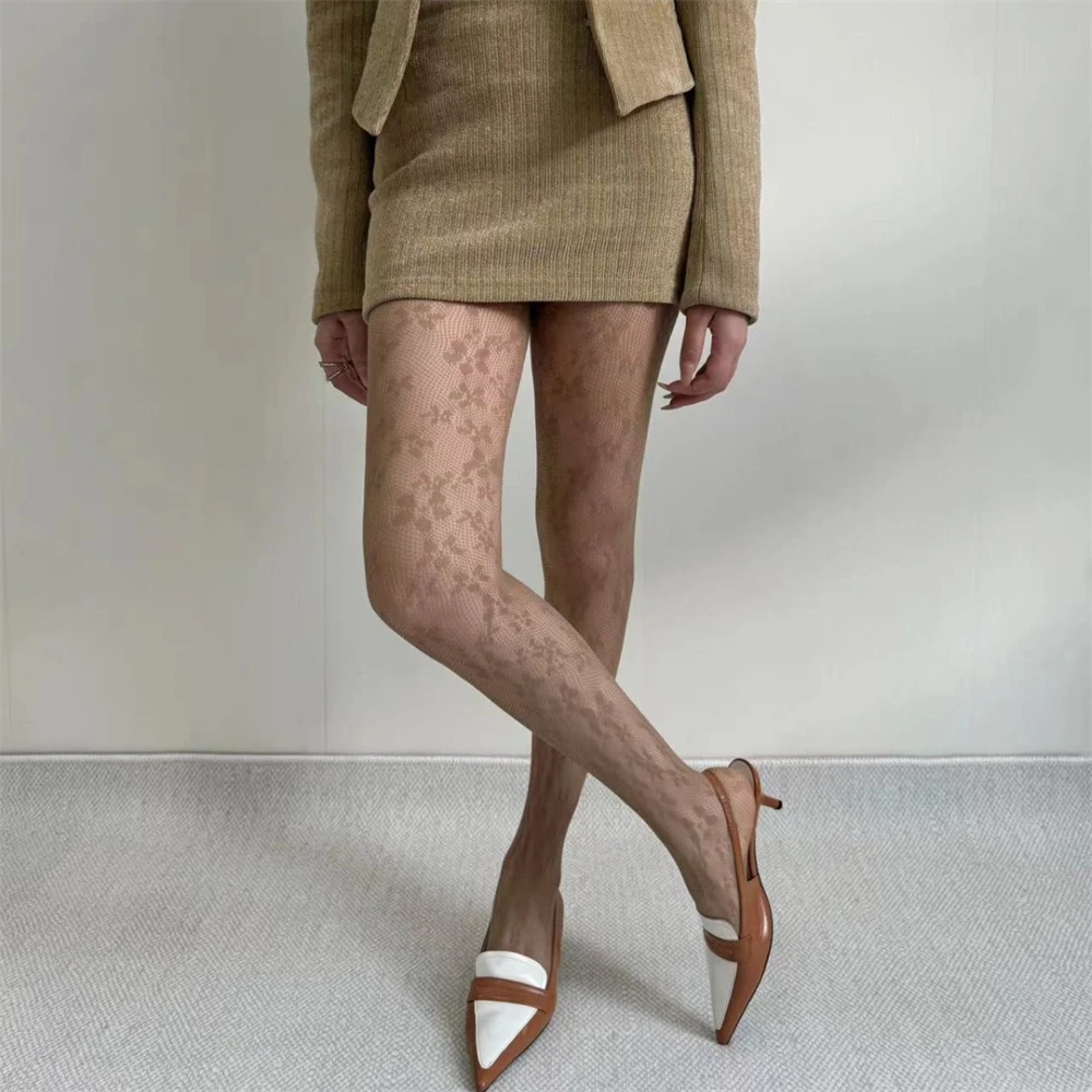 Autumn Winter Fishnet Socks Japanese Retro Jacquard Coffee Color Bottoming Pantyhose Stockings Women's Daily Costume Accessories