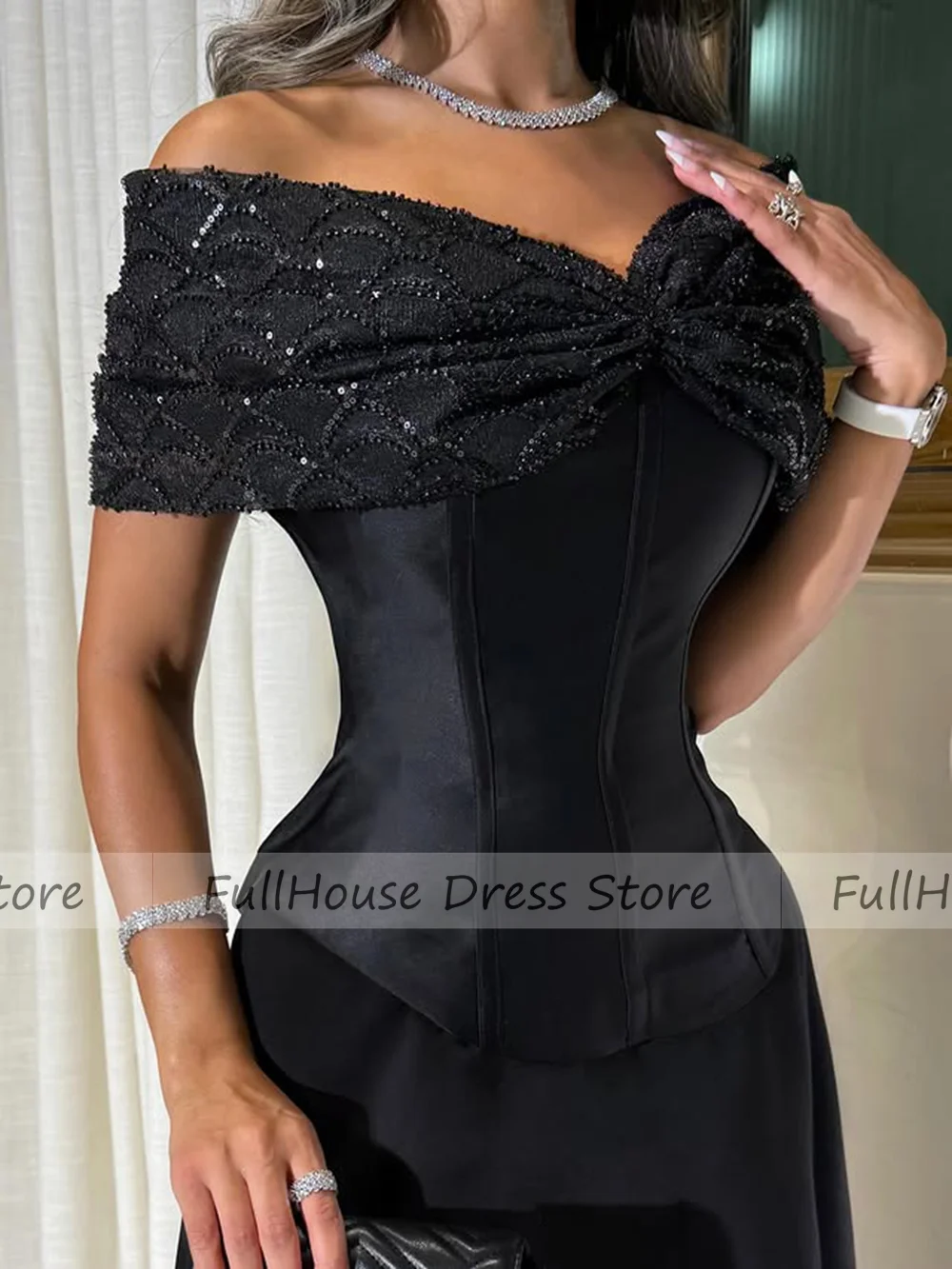 أدلى مخصص رائع أسود قبالة الكتف مطرز الترتر مثير غمد ثوب مسائي مطوي عارية الذراعين ماكسي طول فستان عربي سعودي